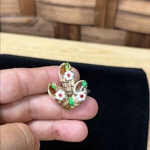 Vintage Shell Floral Brooch with Green and Red Accents